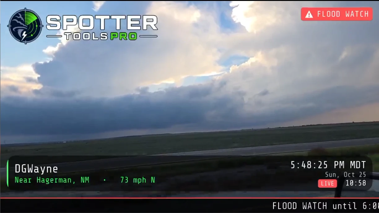 Live stream of a storm cloud with a Flood Watch badge and the speed reading 73 mph